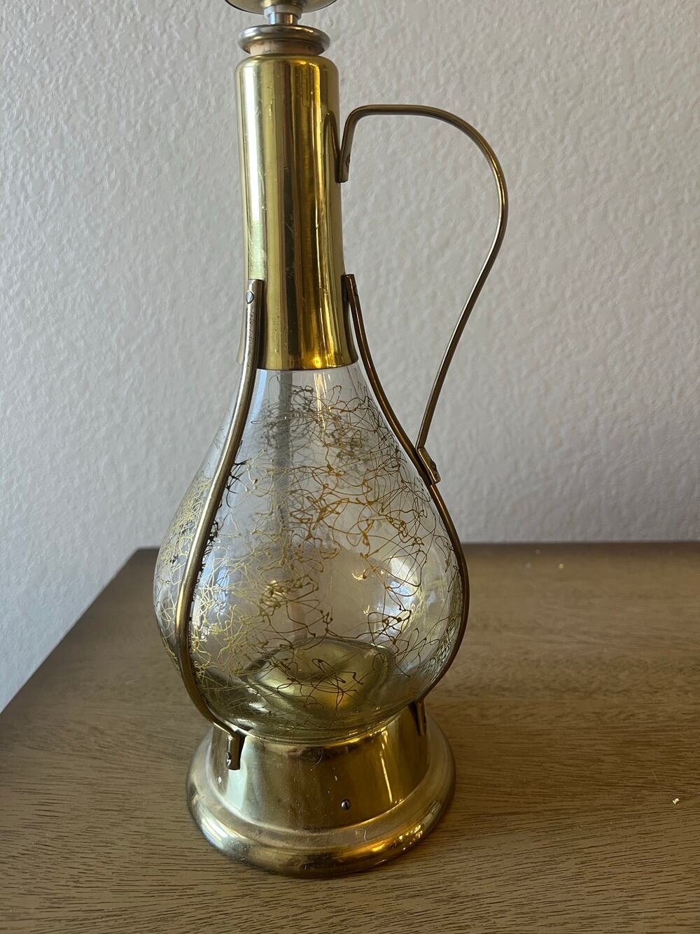 Vintage Japan Musical Glass & Brass Decanter Crackle Glass MCM Style Barware 11"